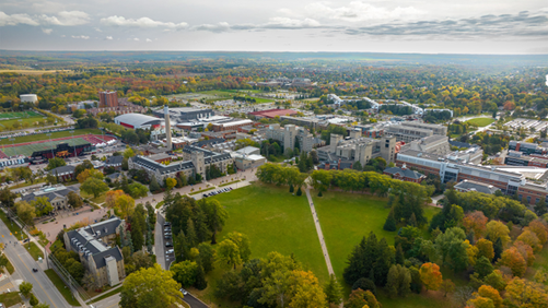 U. of G. aerial view from above, looking east from Johnston Green.