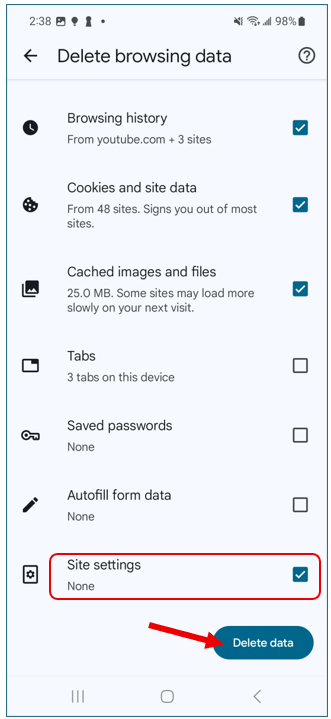 History list page, showing user how to select "Site Settings" checkbox, then "DELETE data" button.